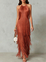 Halter Multi-layer Fringe Fitted Sleeveless Maxi Evening Dress