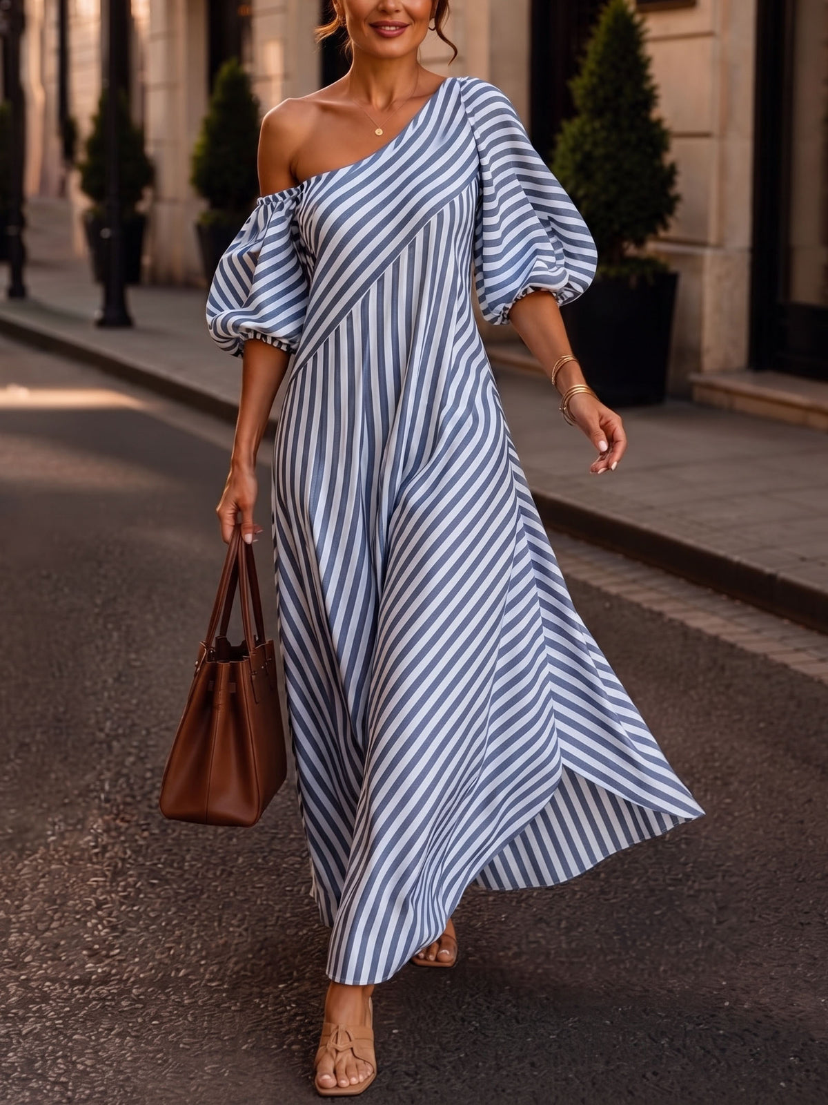 Elegant Chic One-shoulder Striped Maxi Dress