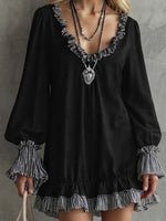 Color-block Striped Baby-doll Dress Featuring Lettuce-edge Detailing, Loose Fit, Cropped Length, And Long Lantern Sleeves