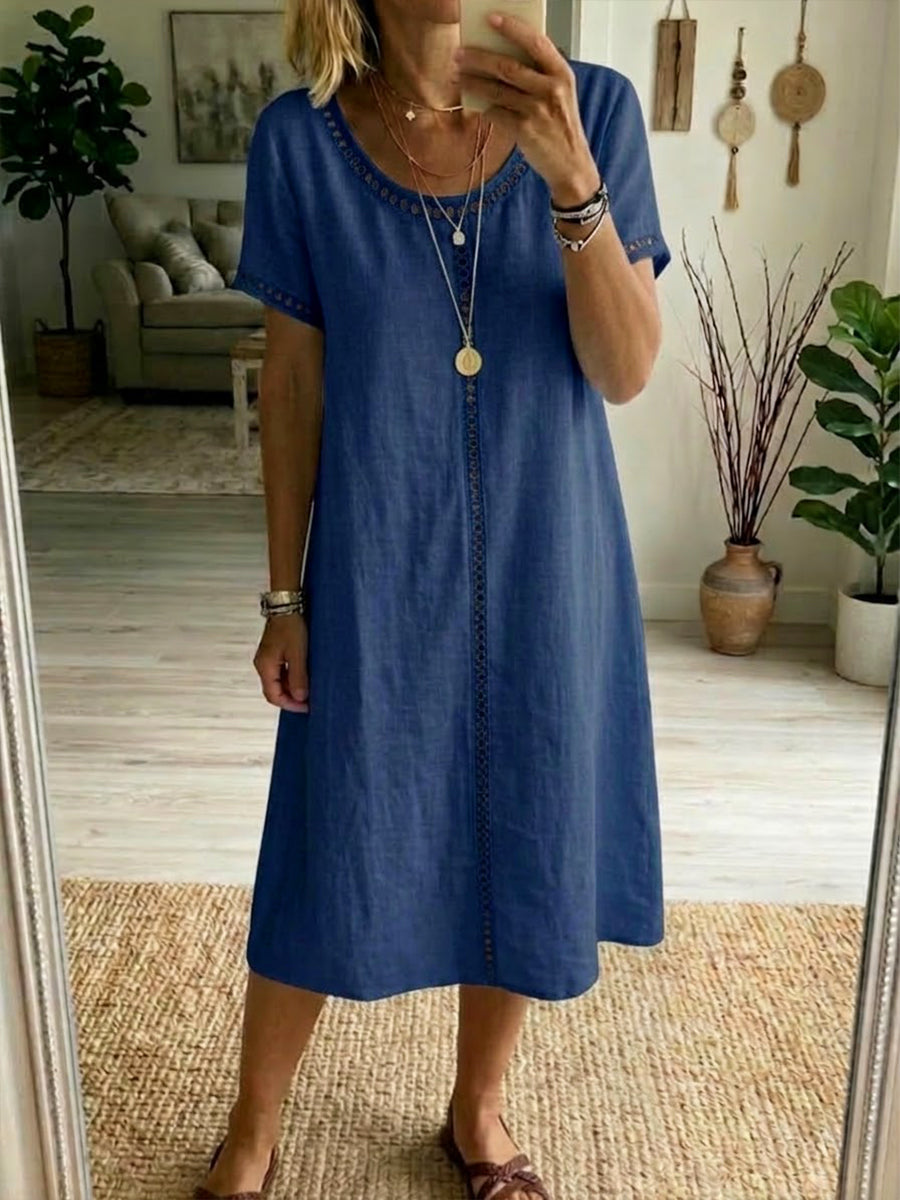 Casual Patchwork Openwork Ribbon Linen And Cotton Dress