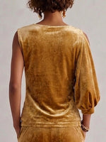 Women's Round Neck Off-shoulder Velvet Top And High-waisted Wide-leg Velvet Suit