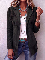 Women's Solid Color Lapel Long-sleeved Casual Loose Tassel Jacket