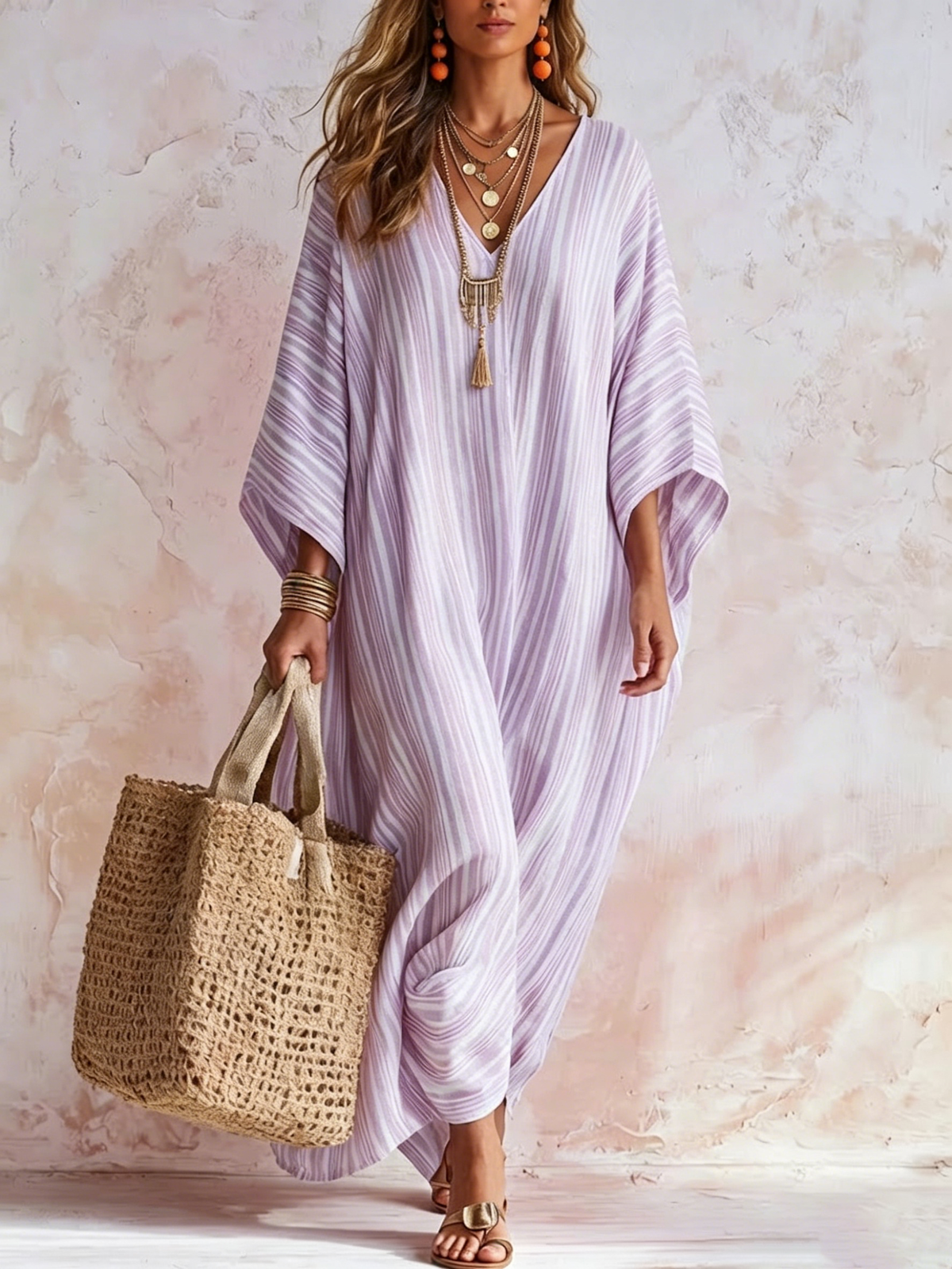 Vertical-striped Deep-v Loose Batwing-sleeve Long Beach Cover-up Dress
