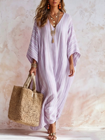 Vertical-striped Deep-v Loose Batwing-sleeve Long Beach Cover-up Dress