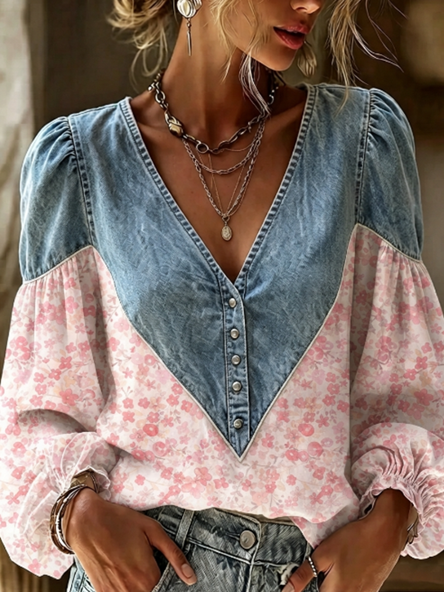 Boho-style Floral Patchwork Denim Shirt
