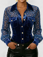 Chic Sexy Velvet Shirt With Sheer Animal Print Sleeves
