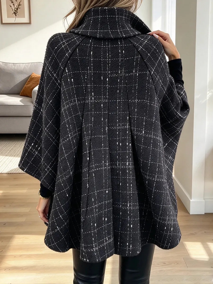 Vintage Chic Plaid Pattern Art Casual Stylish 3/4 Sleeve Cape Coat