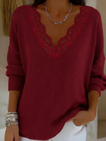 Lace Trim V-Neck Ribbed Knit Long Sleeve Top