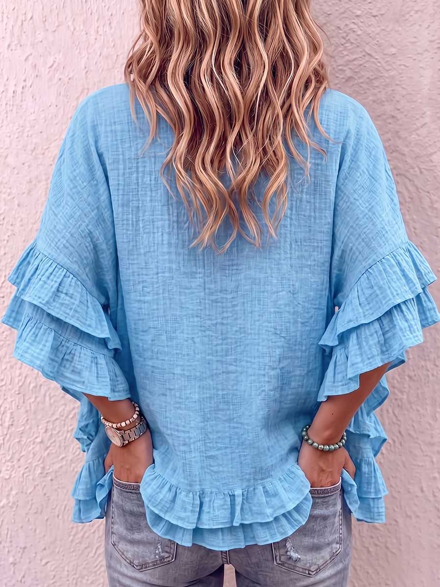 Women's V-neck Tie-waist 3/4 Sleeve Casual Loose Cotton Linen Top