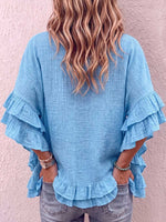 Women's V-neck Tie-waist 3/4 Sleeve Casual Loose Cotton Linen Top