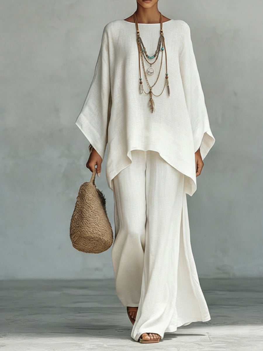 Women's Cozy, Loose-fitting Linen And Cotton Top And Wide-leg Pants Two-piece Set.