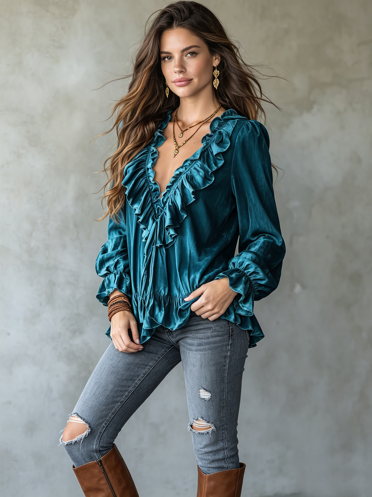 Bohemian Ruffled V-neck Velvet Shirt