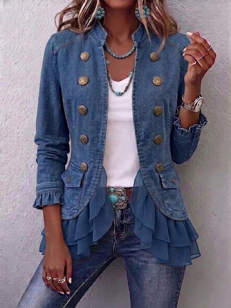 Vintage-style Denim And Chiffon Ruffled Jacket