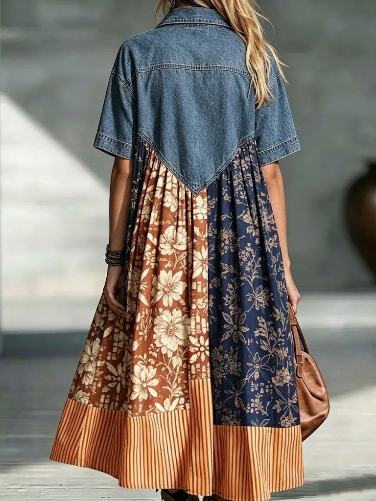 Denim Collar Spliced Vintage Floral Stripe Loose Midi Dress