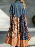 Denim Collar Spliced Vintage Floral Stripe Loose Midi Dress
