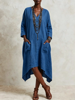 Casual V-neck Cotton-linen Dress With 3/4 Sleeves And An Asymmetrical Hem
