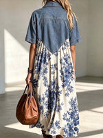 Women's Collared Short-sleeved Denim Patchwork Retro Print Cotton And Linen Dress