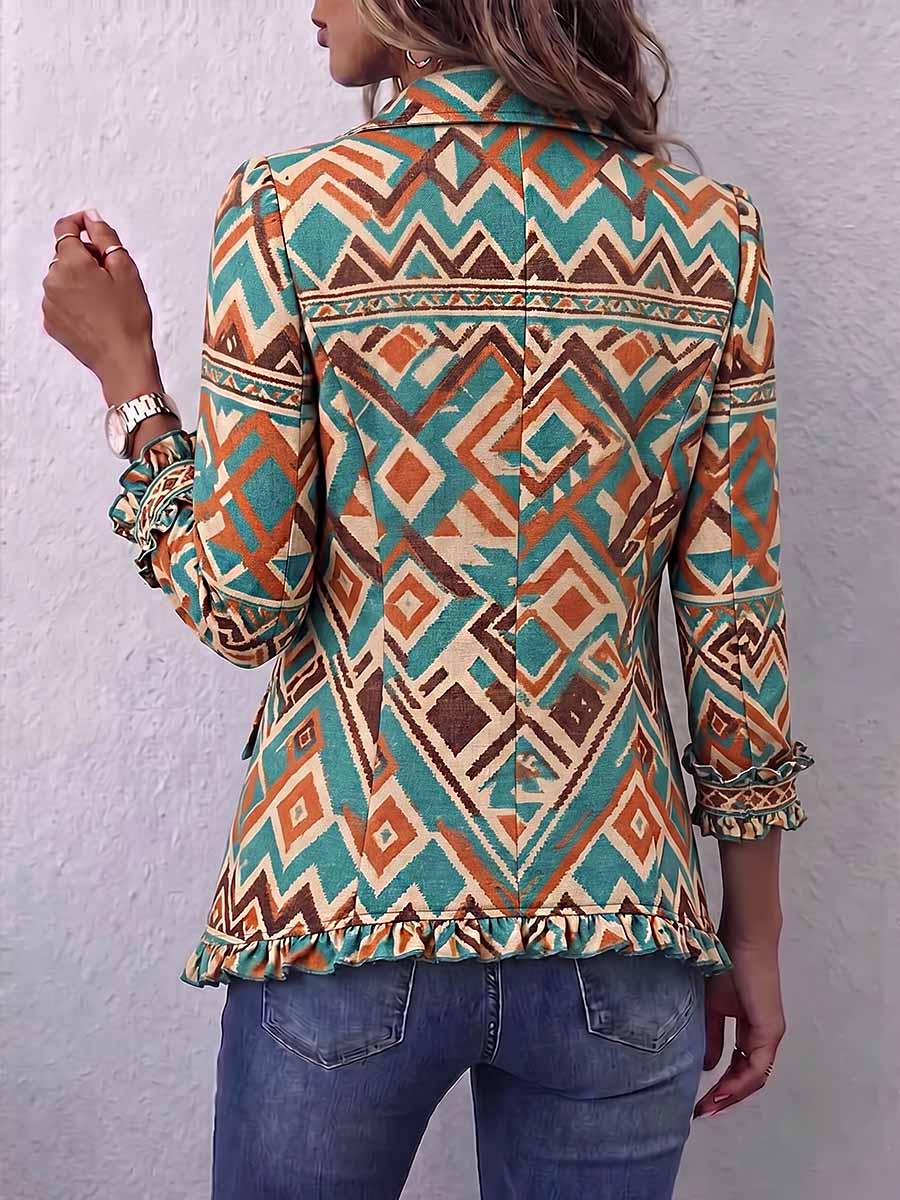 Women's Geometric Print Shirt Collar Long-sleeved Casual Loose Cotton Cardigan