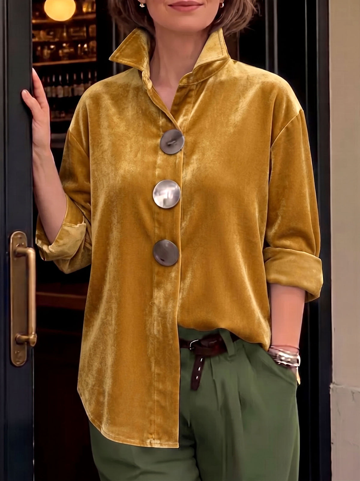Retro Elegant Velvet Shirt With Metal Buttons