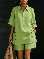 Cozy Loose-fitting Button Shirt And Shorts Cotton Linen Two-piece Set