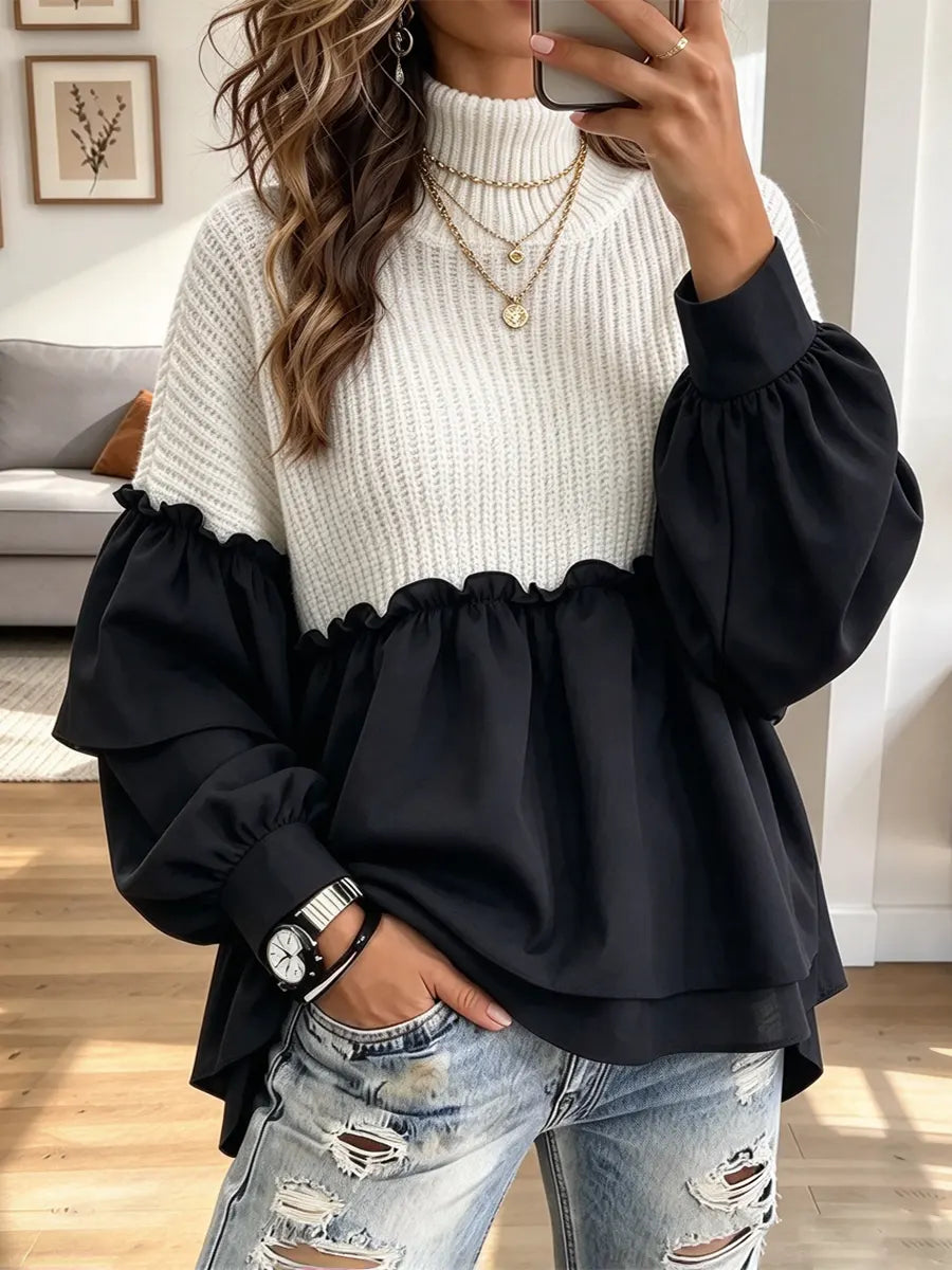 Retro Chic Ruffle Art Patchwork Casual Stylish Long Sleeve Knit Top