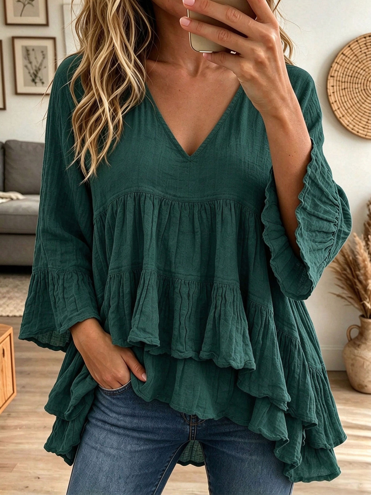Women Blue Cotton Linen Tiered Ruffle Bell Sleeve Loose Babydoll Blouse