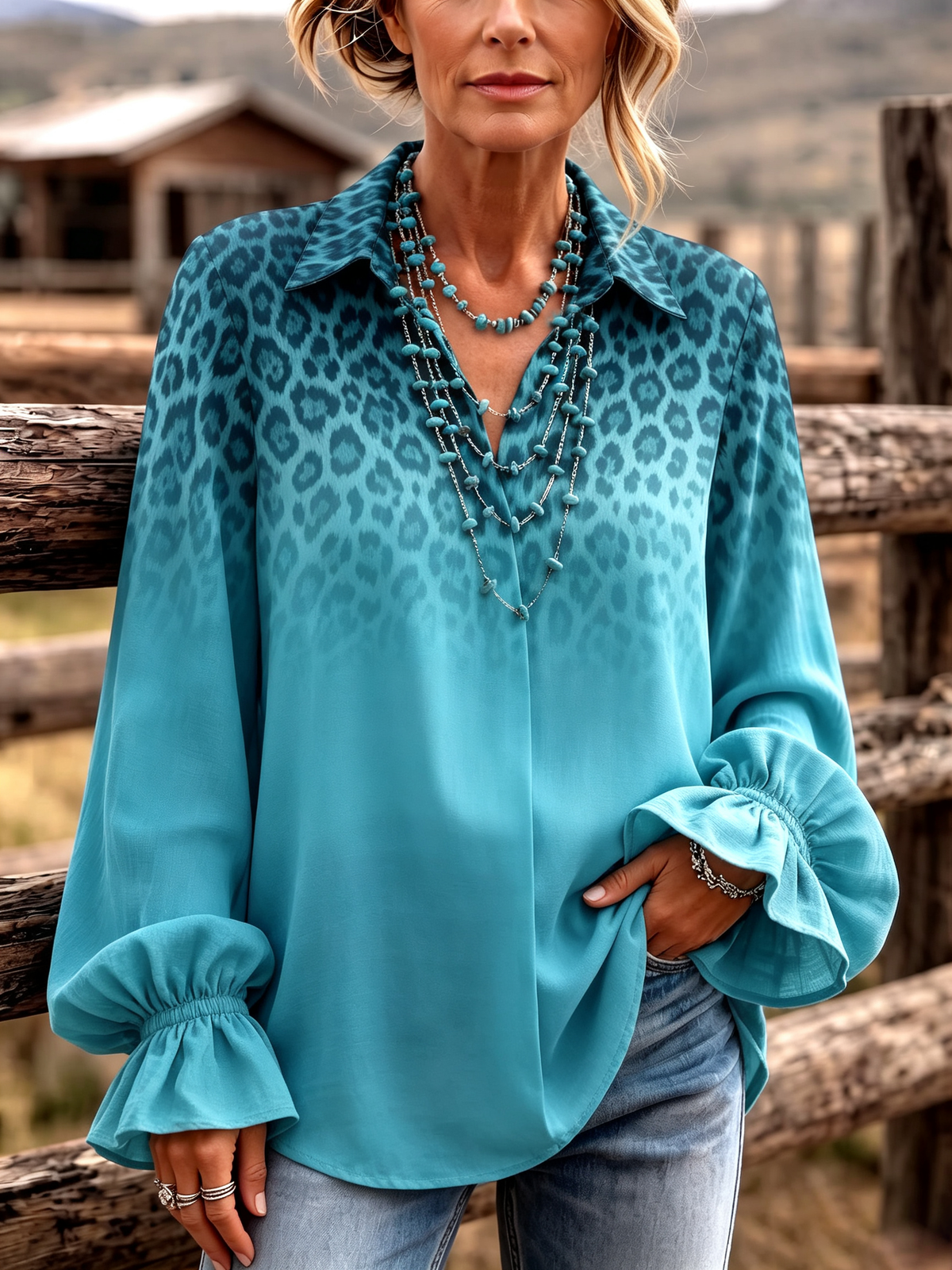 Bohemian-chic Gradient Leopard Print Ruffle Blouse With Bell Sleeves
