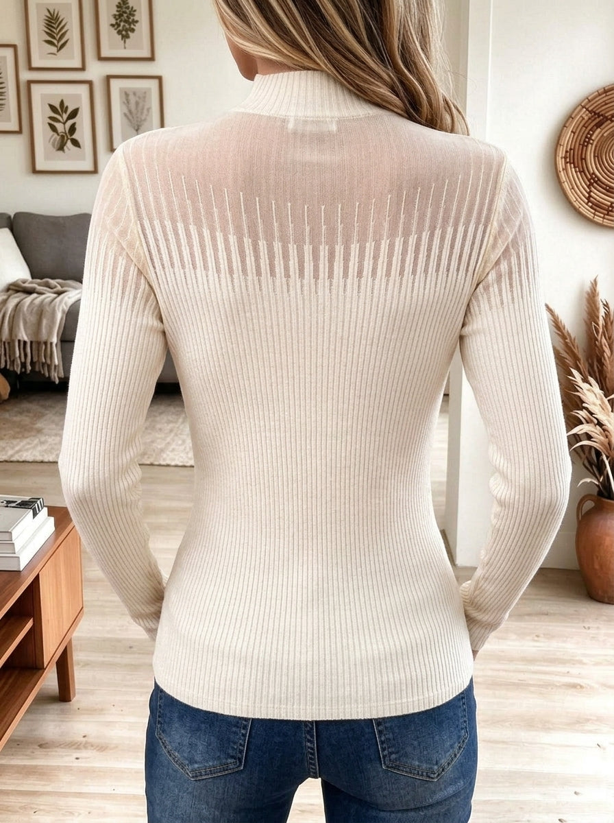 Mock Neck Sheer Mesh Panel Ribbed Knit Long Sleeve Top