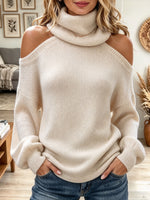 Women's Cold Shoulder Turtleneck Ribbed Knit Loose Long Sleeve Pullover Sweater