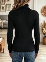 Women's Turtleneck Gold Button Shoulder Ribbed Sweater