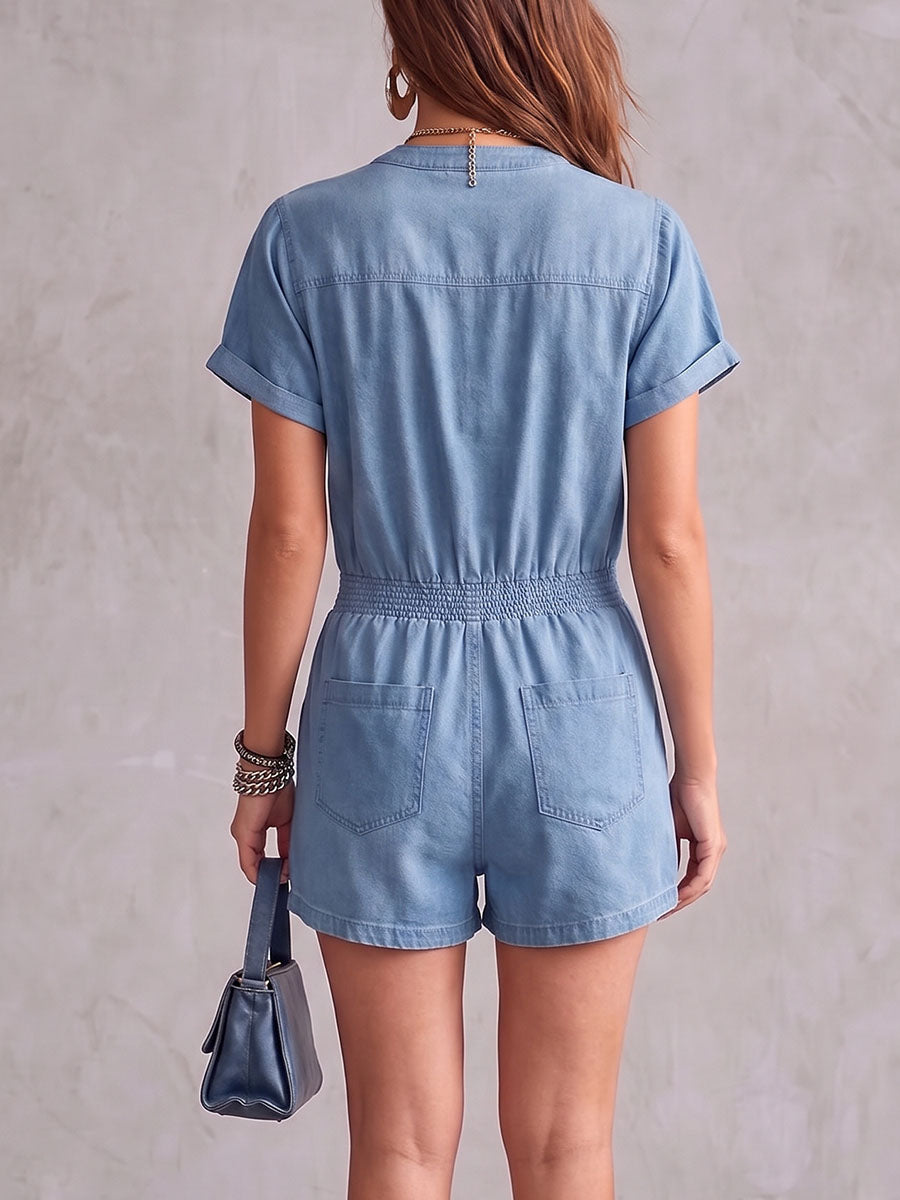 Women's Stand Collar Short Sleeve Casual Loose Tassel Denim Wide-leg Jumpsuit Shorts