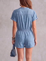 Women's Stand Collar Short Sleeve Casual Loose Tassel Denim Wide-leg Jumpsuit Shorts