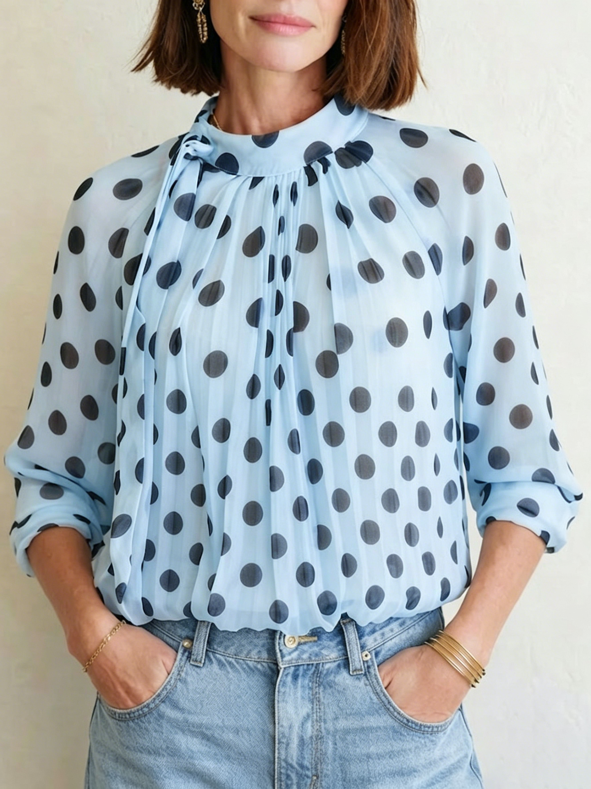 Elegant, Loose-fitting Women's Blouse Featuring Polka Dots, A Tie-neck, And Sheer Lantern Sleeves