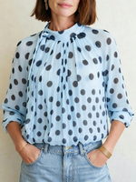 Elegant, Loose-fitting Women's Blouse Featuring Polka Dots, A Tie-neck, And Sheer Lantern Sleeves
