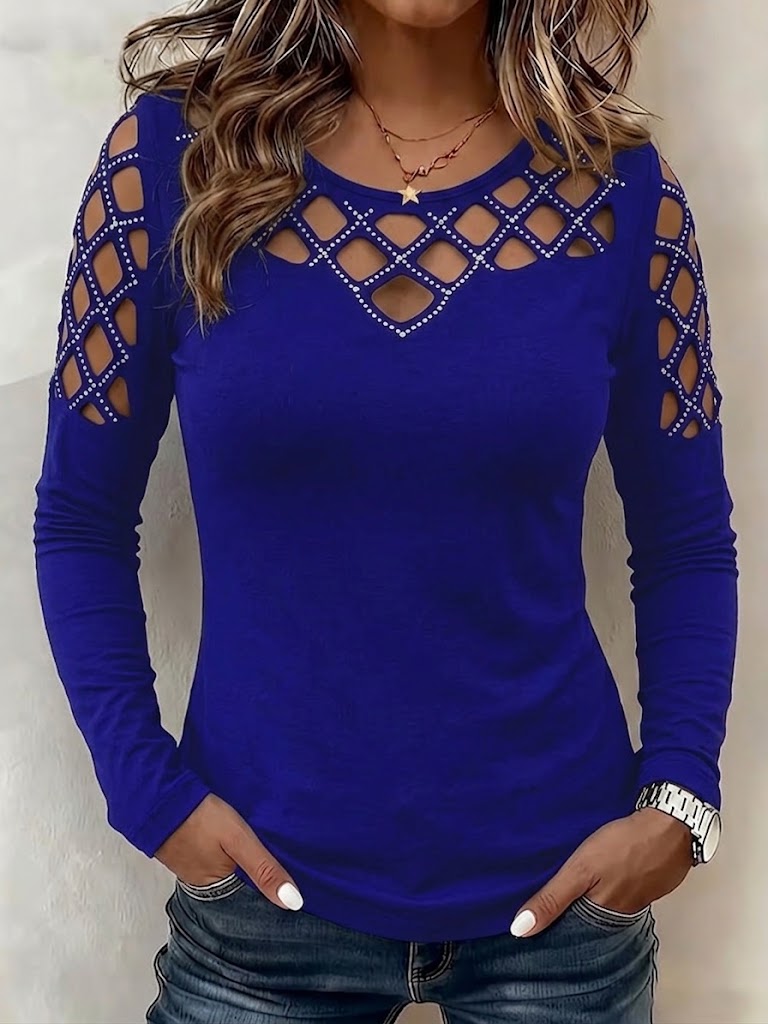 Round Neck Chest Diamond Rhinestone Cutout Long Sleeve Top