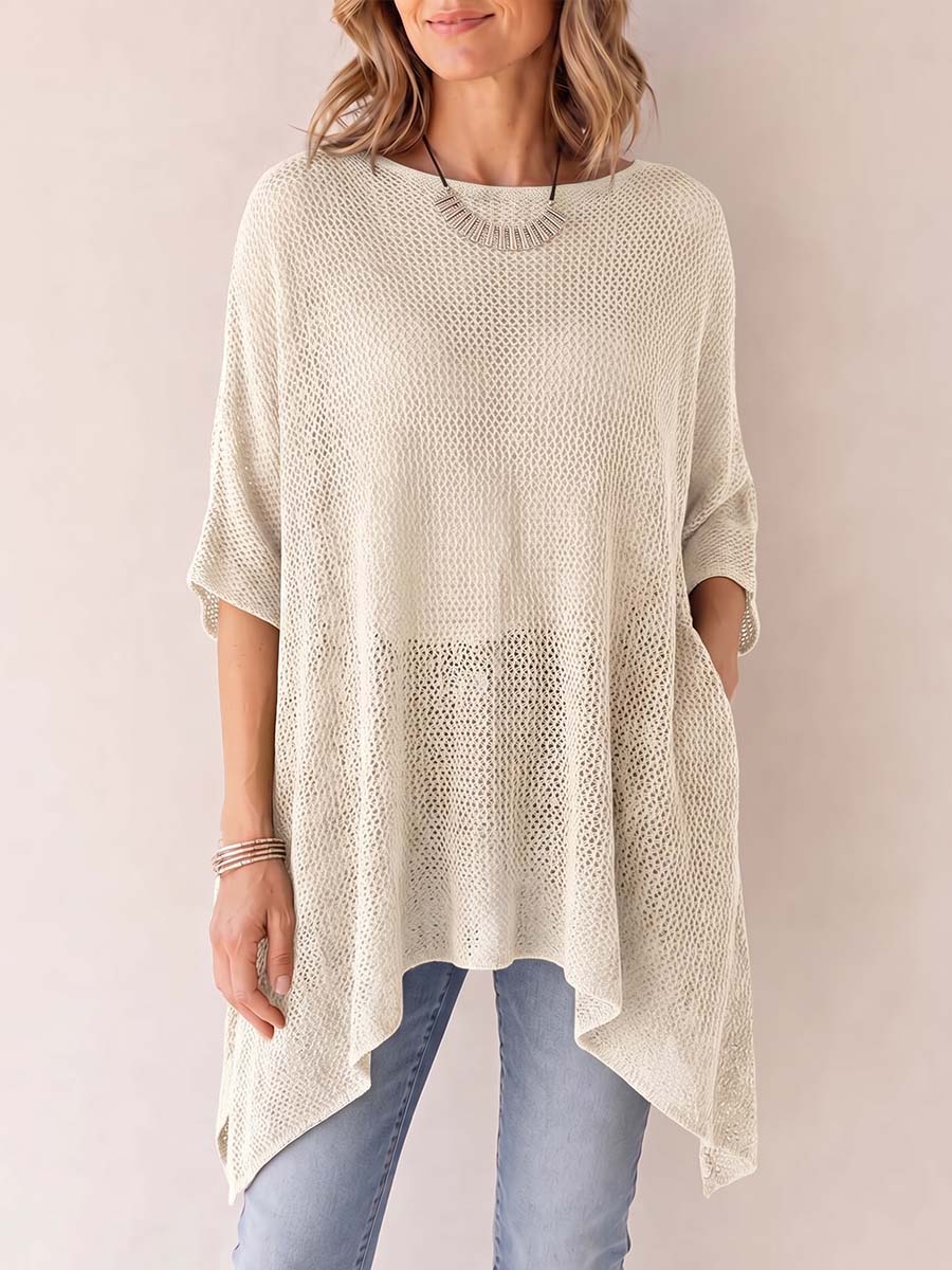 Women's Solid Color Round Neck 3/4 Sleeve Casual Loose Knitted Hollow-out Mesh Top