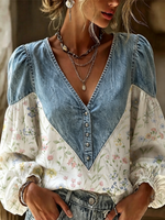 Boho-style Floral Patchwork Denim Shirt