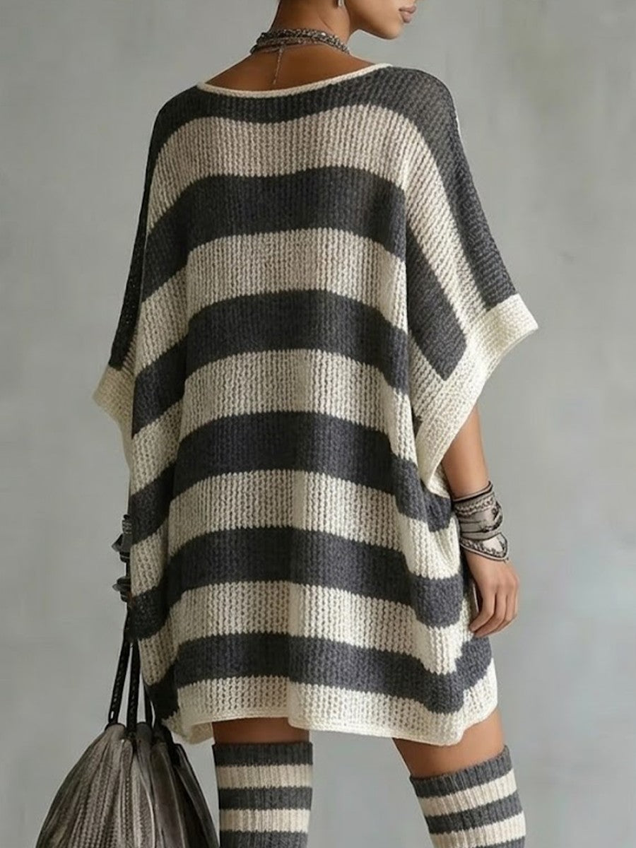Color Block Wide Stripe Deep V Open Knit Loose Short Sleeve Tunic Mini Dress