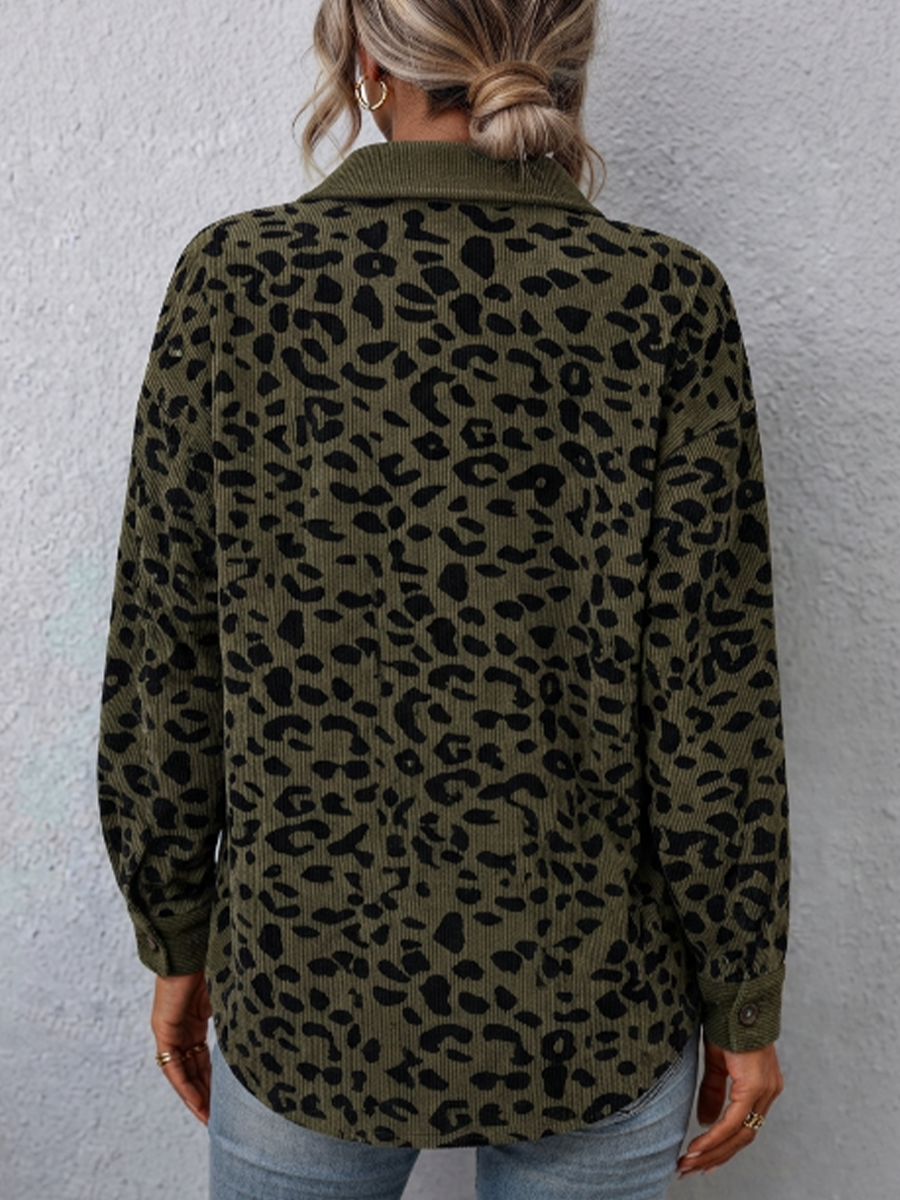 Contrast Rib Collar Leopard Print Corduroy Long Sleeve Shirt Jacket