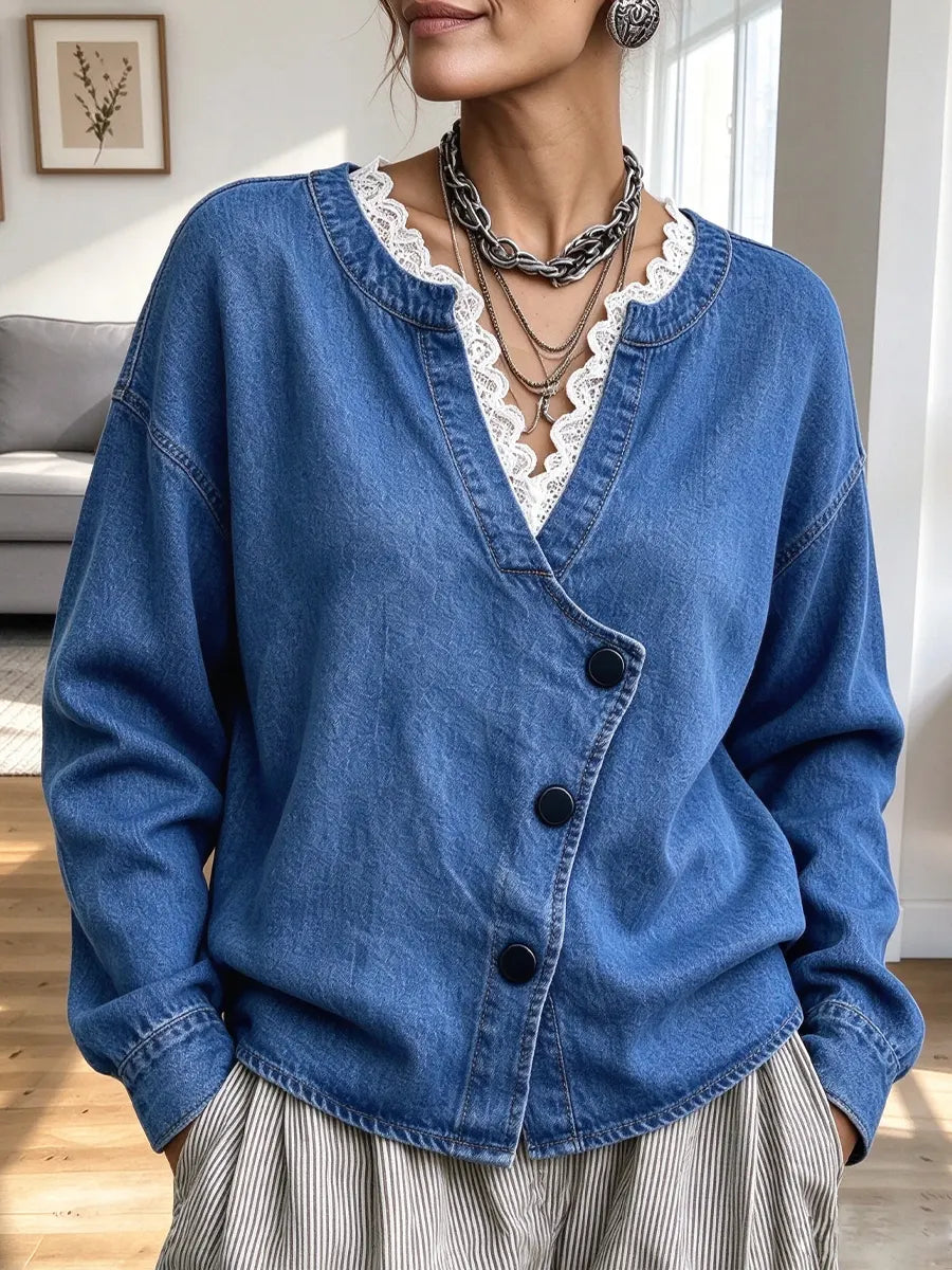 Retro Lace Denim Patchwork Art Casual Stylish Long Sleeve Coat