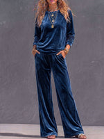 Women's Solid Color Round Neck Long Sleeve Casual Loose Top High Waist Wide Leg Pants Velvet Suit