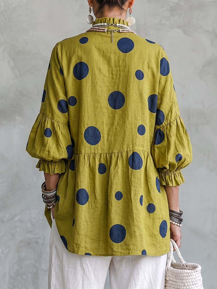 Boho Chic Olive Polka Dot RuffledLinen Tunic Top