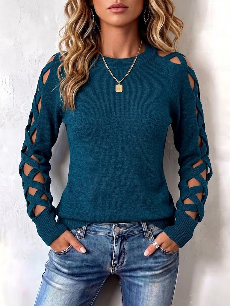 Long-sleeve Knit Pullover With Cut-out Fabric Strip Detailing And A Round Neck