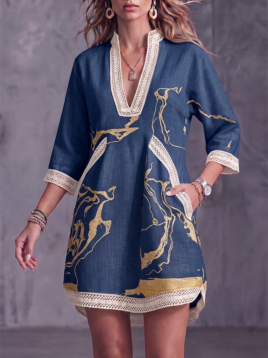 Women's Abstract Print V-neck 3/4 Sleeve Casual Loose Cotton Linen Dress