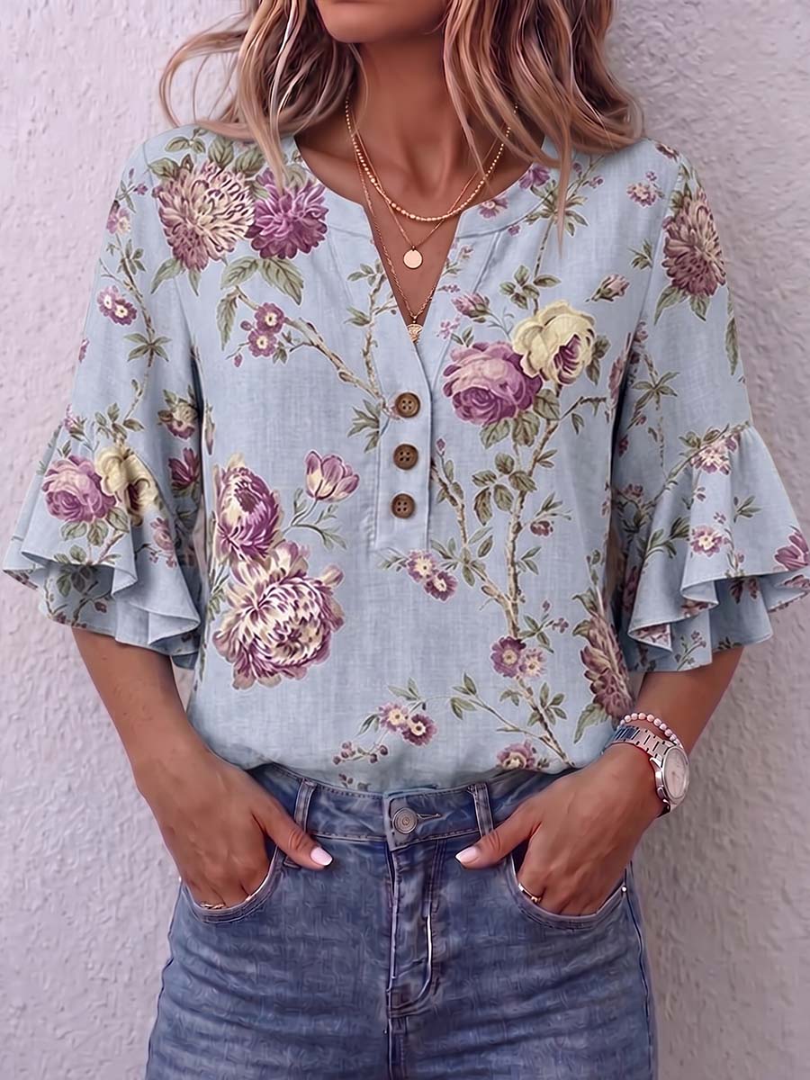 Women's Retro Print V-neck 3/4 Sleeve Casual Loose Cotton Linen Pullover