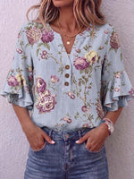 Women's Retro Print V-neck 3/4 Sleeve Casual Loose Cotton Linen Pullover