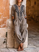 Women's V-neck Long-sleeve Casual Loose Cotton-linen Wide-leg Jumpsuit With Placement Print