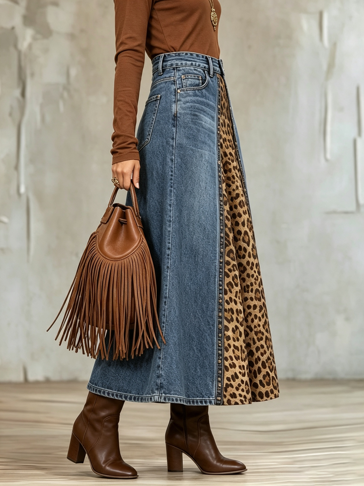 Bold Mixed-media Denim Leopard Print Skirt
