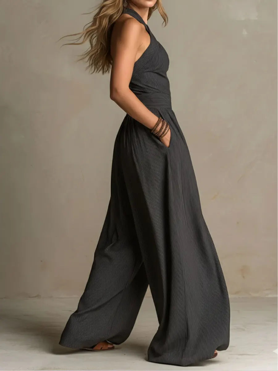 Women's Cross-neck Halter Design Cotton-linen Jumpsuit
